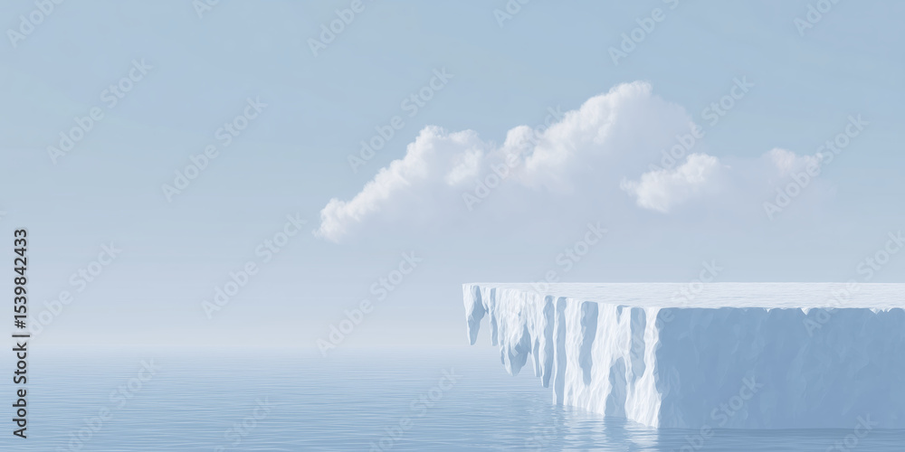 Poster iceberg floating in calm ocean waters under a clear blue sky, with soft clouds above, creating a ser