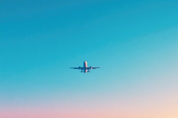 minimalistic silhouette of airplane taking off against vast clear sky with ample copy space for text