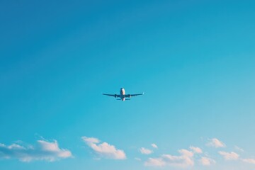 Obraz premium minimalistic silhouette of airplane taking off against vast clear sky with ample copy space for text