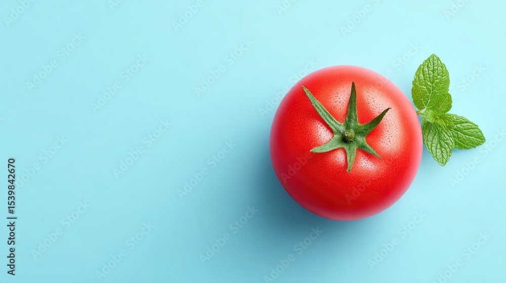 Poster minimalistic top-down view of single ripe tomato on clean solid color background with ample copy spa