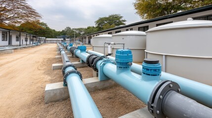Bulldozer equipped with an organic blade works to level the ground under a clear blue sky at a busy construction site