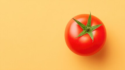 minimalistic top-down view of single ripe tomato on clean solid color background with ample copy space