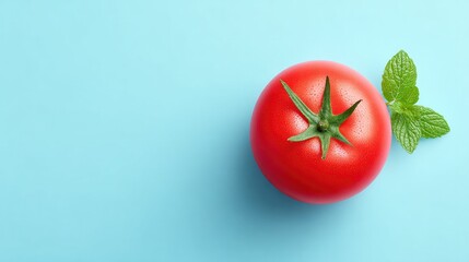 minimalistic top-down view of single ripe tomato on clean solid color background with ample copy space