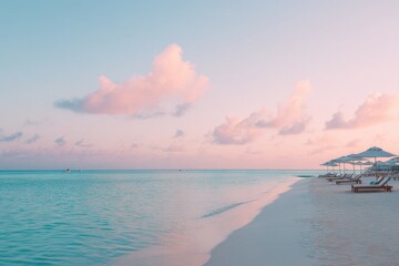 minimalistic view of serene beachfront hotel resort with soft pastel-colored skies and expansive sandy beaches
