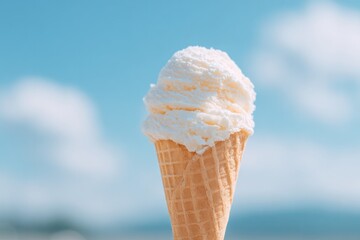 of single vibrant ice cream cone held up against bright blue sky with abundant copy space