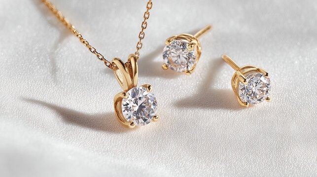 Elegant gold jewelry set with diamond ring, earrings, and pendant on white background