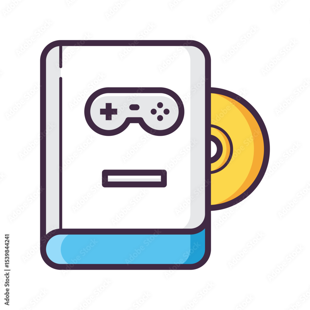 Poster illustration of a game manual with a controller icon and a game disc sticking out the side