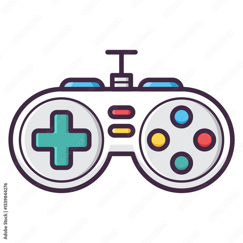 Poster illustration of a white game controller with colorful buttons and directional pad on a white backgro