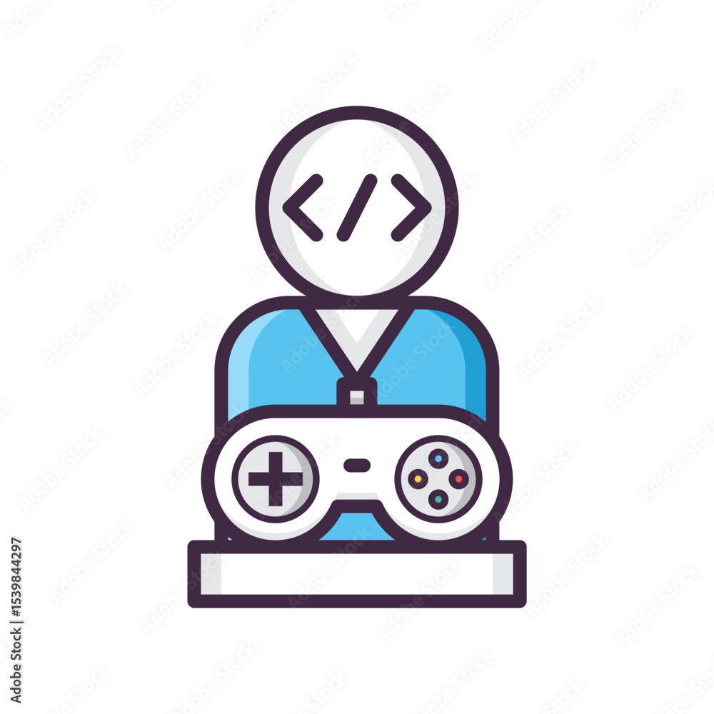Poster illustration of a programmer holding a game controller with code symbols on their head icon art