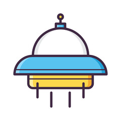 Illustration of a cartoon ufo with a blue top and yellow middle section with black lines