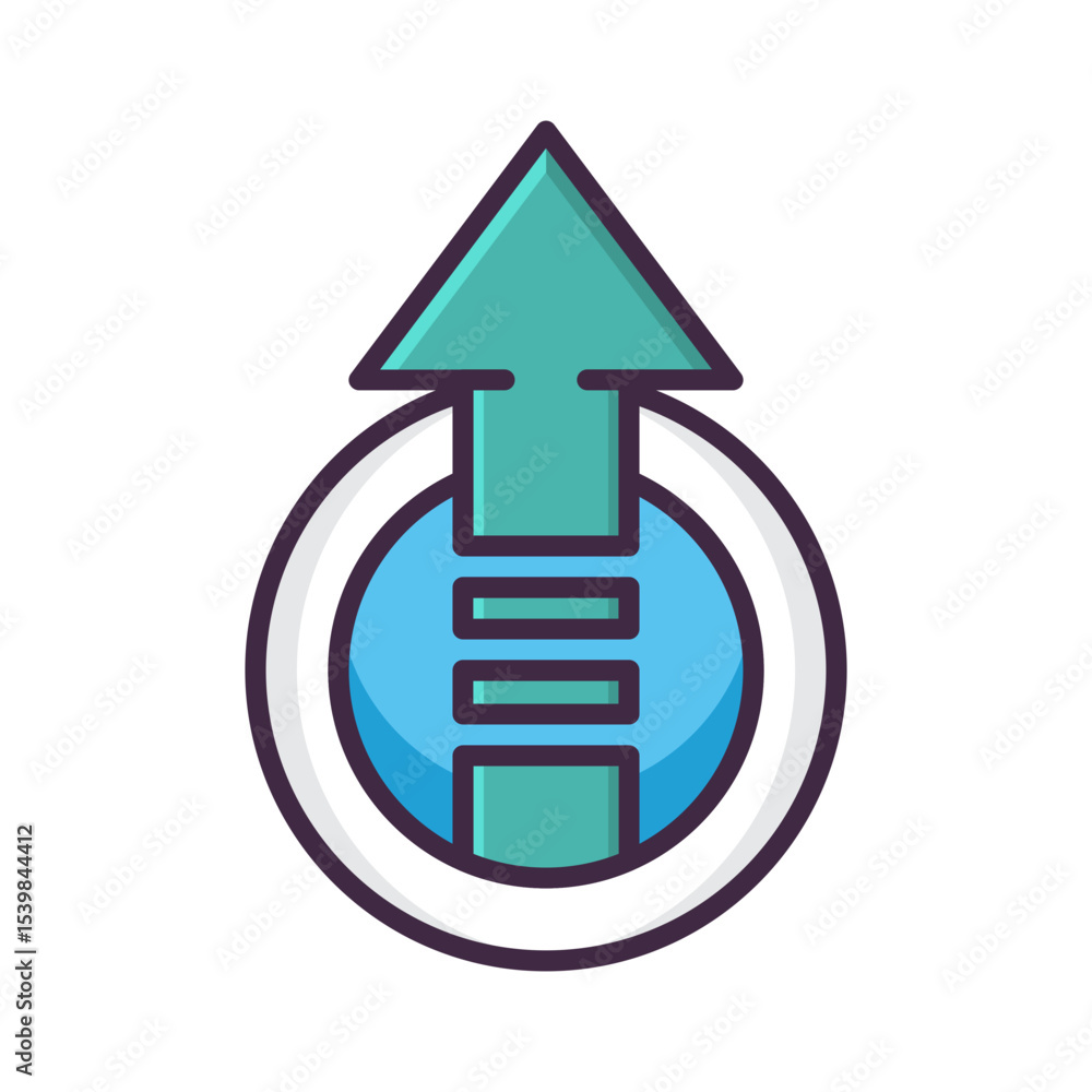 Poster teal arrow pointing upwards emerging from a blue circle with horizontal bars in a vector design