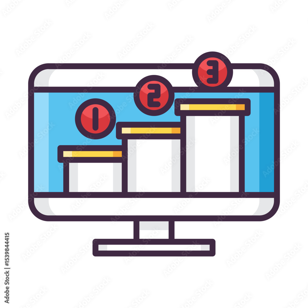 Poster illustration of a computer monitor displaying a podium with first second and third place indicators
