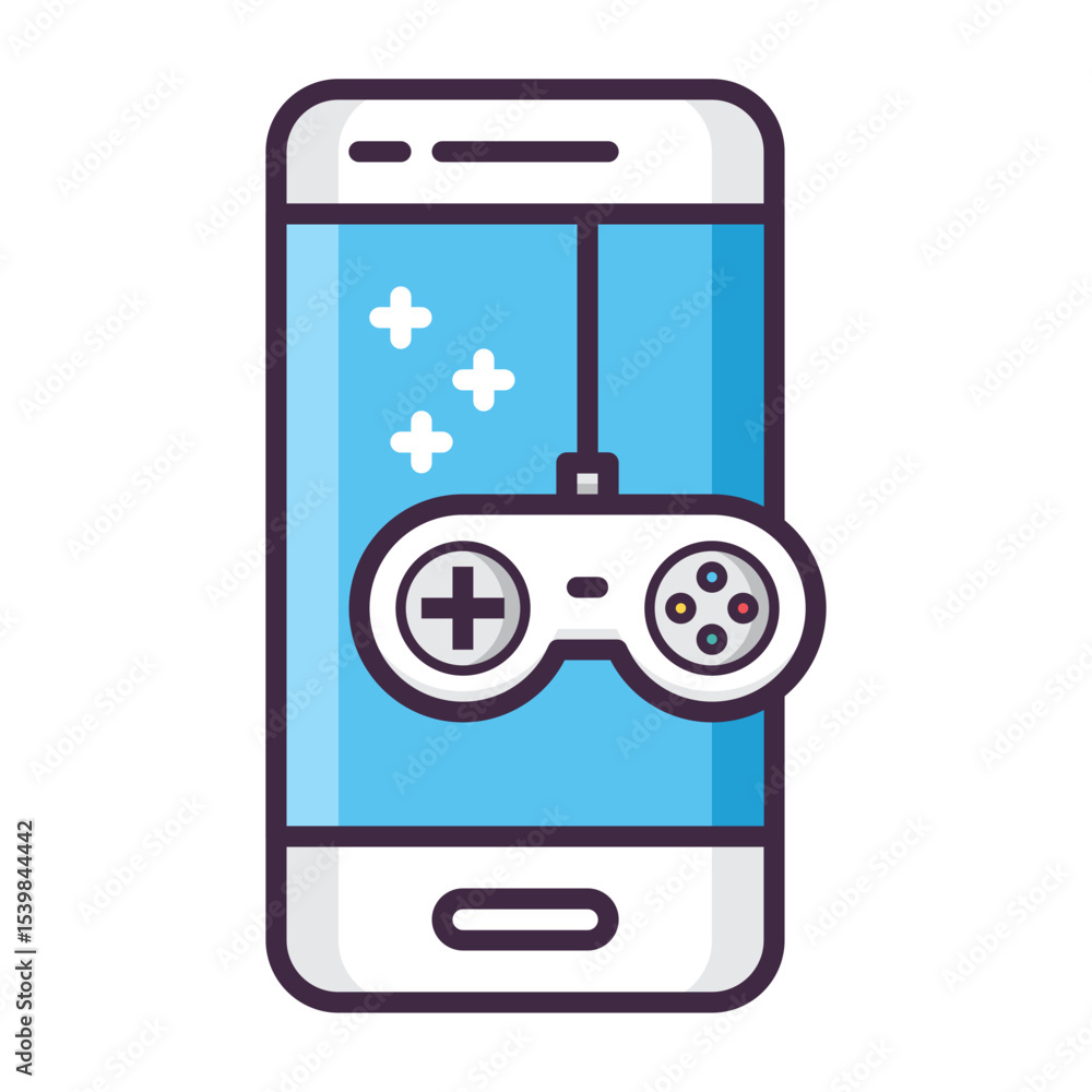 Poster illustration of a smartphone displaying a game with a controller and star like shapes on the screen