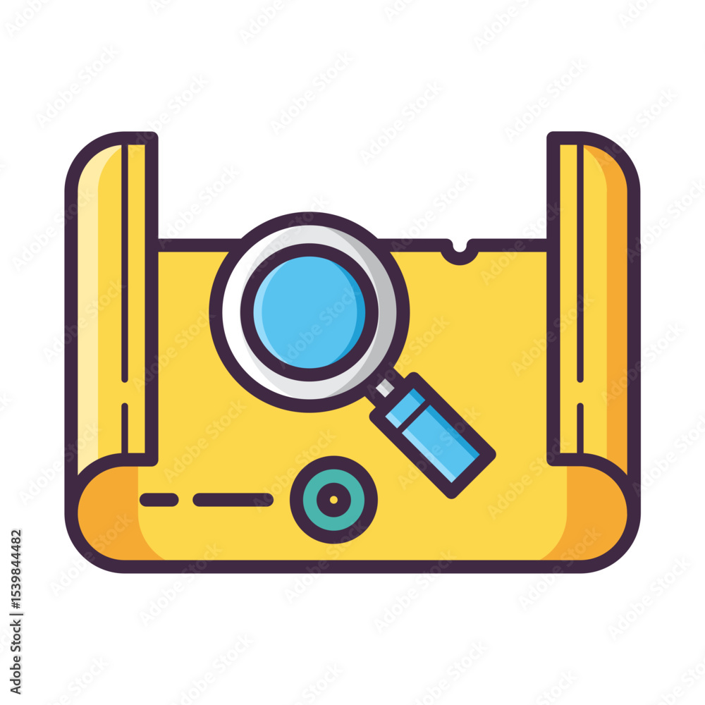 Poster illustration of a treasure map scroll with a magnifying glass for finding hidden locations