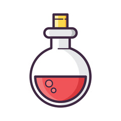 Illustration of a round bottom flask filled with a red liquid and sealed with a yellow stopper