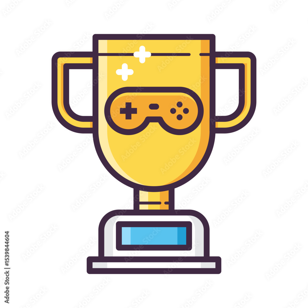 Poster illustration of a golden trophy with a game controller icon and sparkles on a white background
