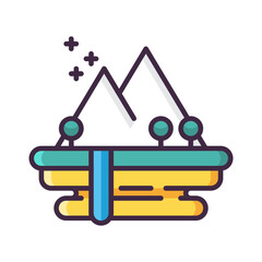 Illustration of mountains with snow, supported by a structure with hanging spheres and a waterfall