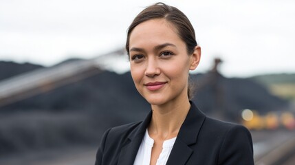 portrait of individual in blurred coal industry setting dressed professionally