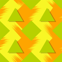 Colorful seamless pattern from triangles on the bright brush strokes background. 80's - 90's years design style. Trendy. Vector illustration