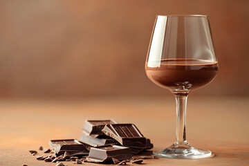 Tall glass goblet with chocolate mousse and chocolate bars next to it on the table. Chocolate dessert on mocha background. Generated by artificial intelligence