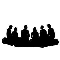 Silhouette group discussing on logs, teamwork and collaboration, black and white