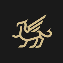 elegant heraldic creature griffin line icon logo vector design, modern gryphon logo pictogram design. Lion body with wings and bird head
