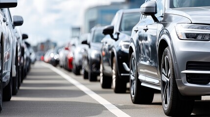 Different models of cars are neatly parked side by side in a lot against a bright blue sky, ideal for display or sale