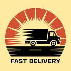 Fast delivery logo depicting a silhouette of a truck speeding along a highway at sunset. Vector illustration.