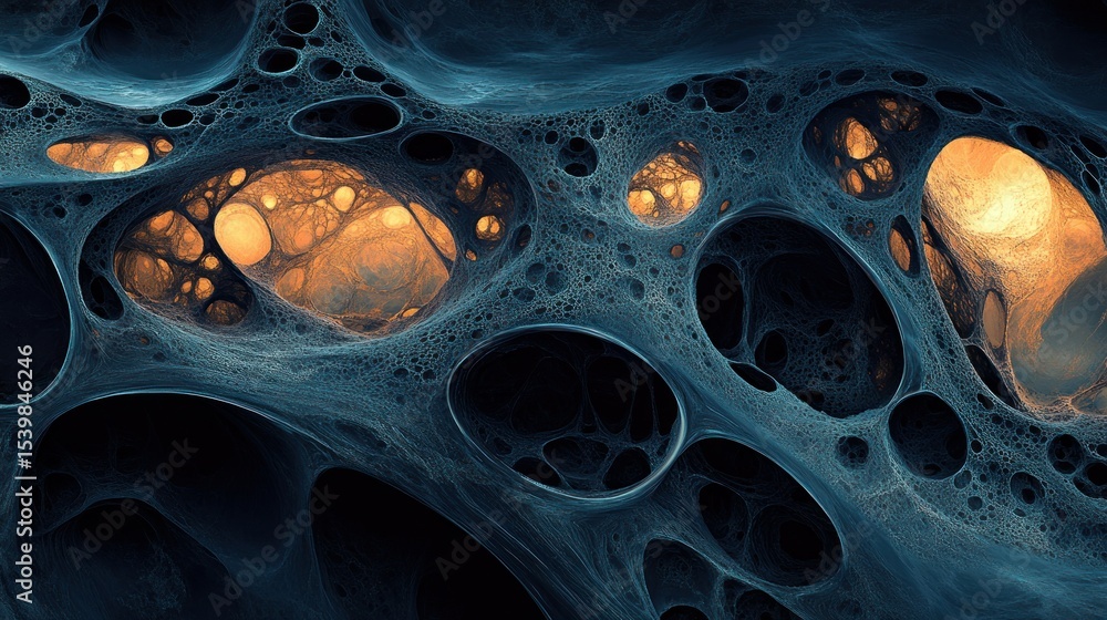 Poster abstract network with glowing orange orbs in dark web