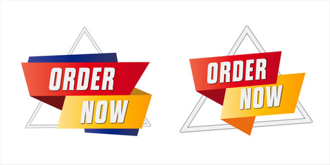 White Background Design with Order Now Ribbon Banner and Colorful Geometric Shapes. Red and Yellow E-commerce Editable Banner