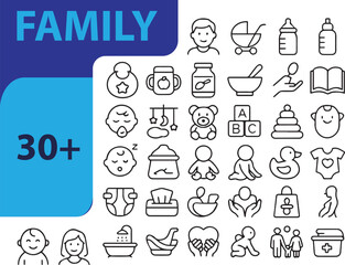 Family Life Line Icons Set,  Editable Vector Icons for Parenting, Relationships, Home, and Daily Family Activities