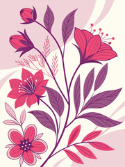 Floral background with pink flowers and leaves. Vector illustration in retro style.