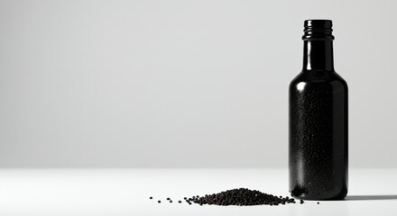A black bottle filled with seeds sits next to a pile of seeds on a white surface against a grey background