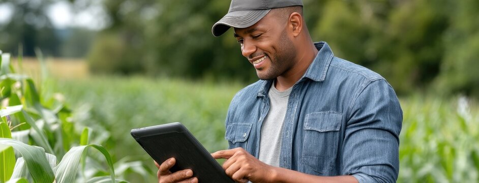 Happy young African farmer stands in lush cornfield, engaging with a tablet to enhance farming methods and productivity in agriculture