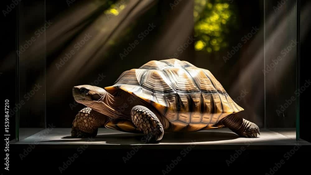 Poster a tortoise is positioned under soft, natural light, highlighting its intricate shell patterns and te