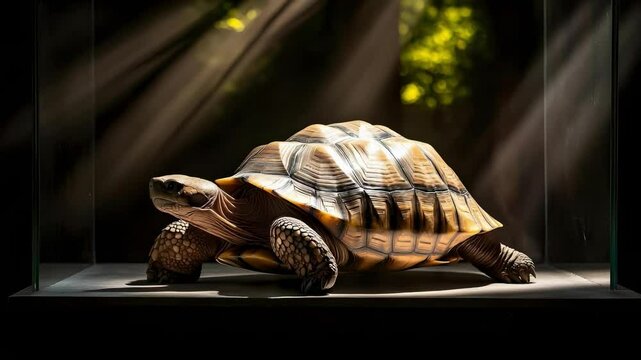 A tortoise is positioned under soft, natural light, highlighting its intricate shell patterns and textures.