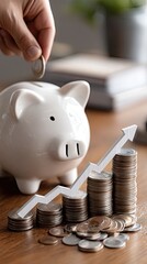 Financial growth is depicted through a piggy bank and coins alongside a rising graph and jet engine, highlighting investment concepts