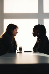 two diverse individuals sit across from each other at sleek minimalistic coffee table their smartphones on table engaged