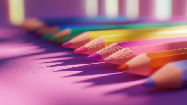 Colorful colored pencils arranged in a row on a vibrant surface creating an artistic display during daylight hours