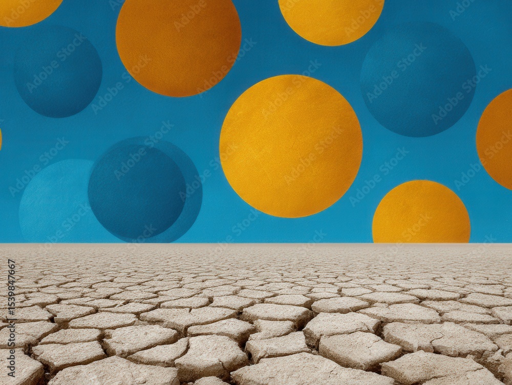 Poster abstract composition featuring vibrant round shapes against a bold blue backdrop paired with cracked