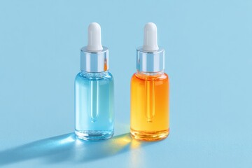 two glass bottles with droppers cast subtle shadows against plain pastel background