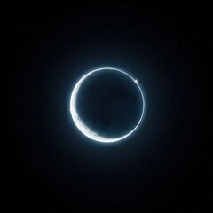 A crescent celestial body with a bright ring set against a dark expanse dotted with stars
