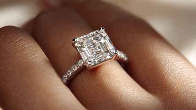 Elegant emerald-cut diamond ring close-up with luxurious detail
