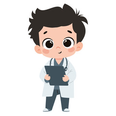 Cute baby boy in doctor costume holding a tablet. Flat vector illustration in simple child style on white background. Vector illustration