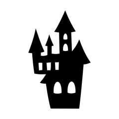 Black and white halloween castle silhouette. Spooky seasonal object, hand drawn vector illustration