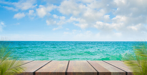 Summer background table wood on sea blue ,coast island scene mockup water nature travel vacation...