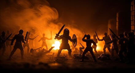 A fiery battle scene featuring miniature soldiers engaged in a fierce fight creating a dramatic warlike scenario