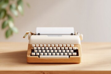 vintage typewriter on bare wooden desk beneath soft natural light