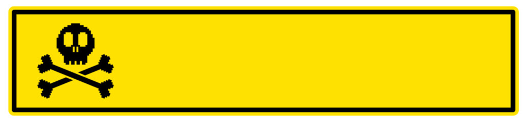 Fototapeta premium rectangular warning banner featuring a pixelated skull and crossbones icon on the left side, with ample blank space on the right for custom text or symbols