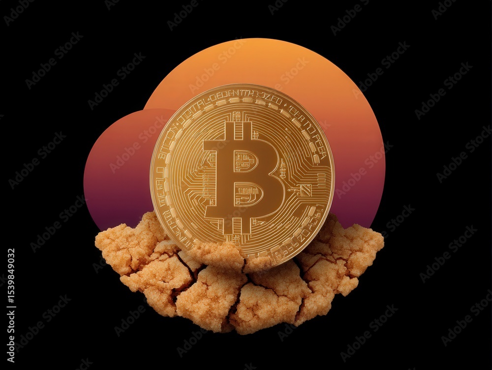 Poster digital currency revolution represented by bitcoin coin emerging from textured landscape with a stri